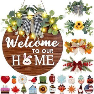 Interchangeable Welcome Sign with 4 Seasonal Wreaths and 21 Changeable Icons